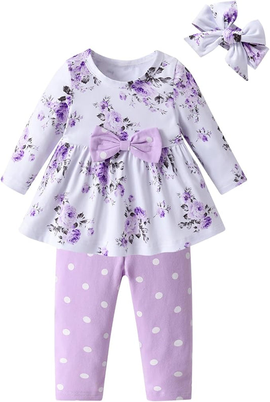 3PCS Baby Girl Clothes Ruffle Floral Shirt Tops Pants Headband Outfit Sets