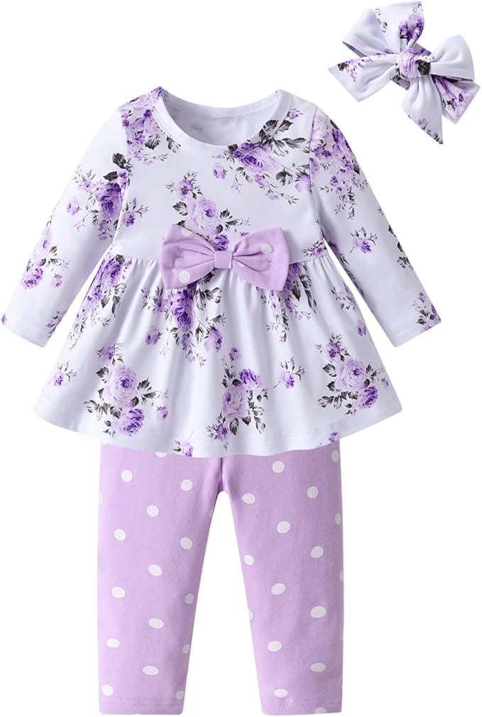 3PCS Baby Girl Clothes Ruffle Floral Shirt Tops Pants Headband Outfit Sets