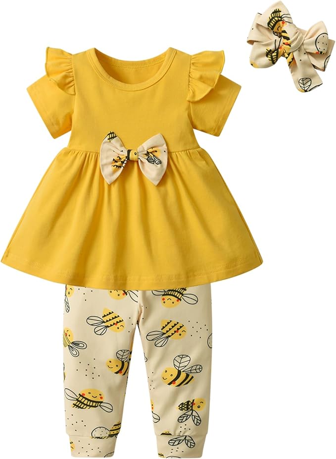 3PCS Baby Girl Clothes Ruffle Floral Shirt Tops Pants Headband Outfit Sets