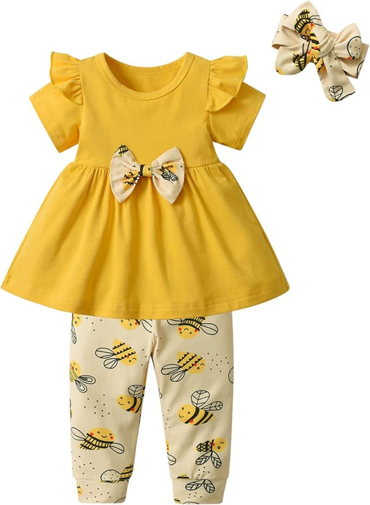 3PCS Baby Girl Clothes Ruffle Floral Shirt Tops Pants Headband Outfit Sets
