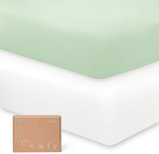 PurComfy Supersoft Crib Sheets 2-Pack, Premium Bamboo Viscose Stretchy Fitted Crib Sheet, Hypoallergenic Breathable Crib Sheets Boy Girl, Neutral Baby Crib Mattress Sheet, 9'' Extra Deep Pocket