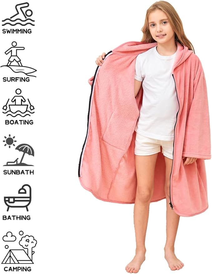 Hiturbo Kids Bath Towel Hoodie: Soft Plush Zipper Surf Poncho - Warm Fleece Changing Towels Swimming Outerwear (Pink)