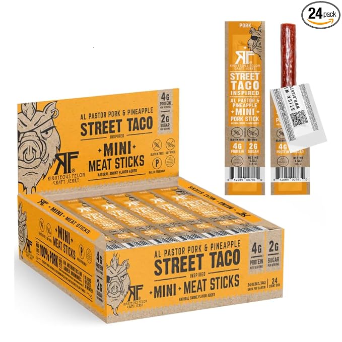 Righteous Felon Meat Sticks Minis | 100% Pork Sticks | Gluten Free Meat Sticks | Low Sugar & High Protein Pork Sticks | Healthy Snacks for Kids & Adults | Jerky Gifts for Men | Street Taco, 24 Ct