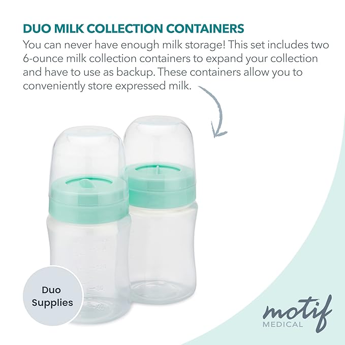 Motif Medical Breast Milk Storage Bottles for Duo Breast Pump - Durable Plastic Breastfeeding Essentials w/Locking Rings, Lids & Nipple Caps - Breast Milk Container (Set of 2, 160 ml)