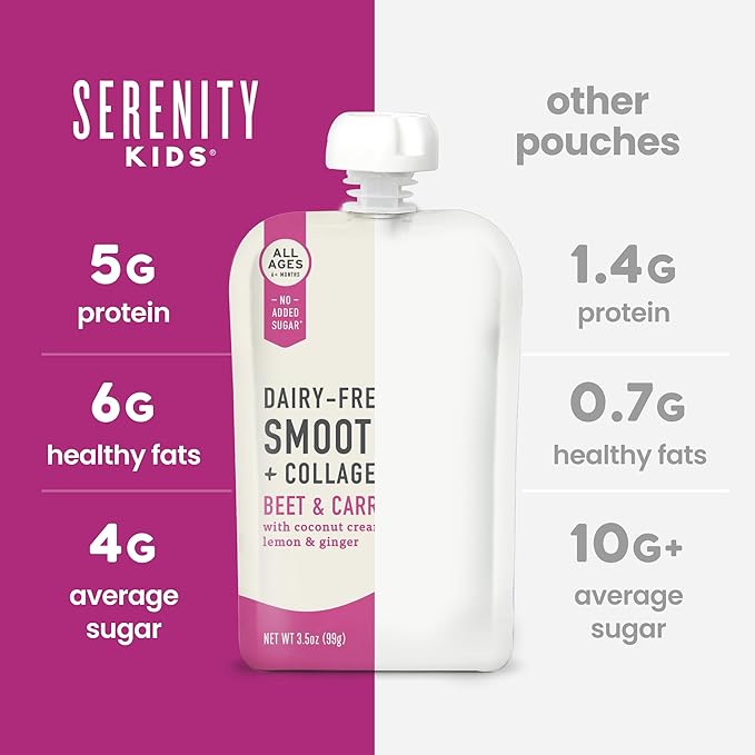 Serenity Kids 6+ Months Dairy-Free Baby Protein Smoothie Pouch - BPA-Free & USDA Organic Beet & Carrot - Grass Fed Collagen Protein & Organic Collagen - 3.5 Oz, 6 Pack