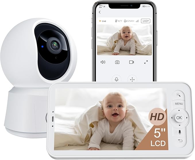 ARENTI WiFi Baby Camera Monitor B2 Kit 2025 Upgraded, 5-inch Wireless Display, Smartphone App, Encrypted Connection, Lullaby, Super Night Vision, Auto Tracking, Temp Sensor, Support Local Storage
