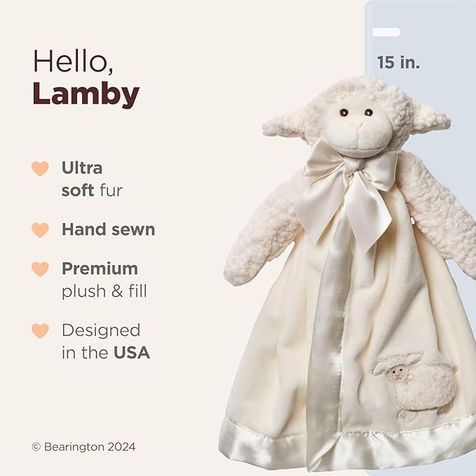 Bearington Baby Lamby Snuggler - 15 Inch White Lamb Plush Stuffed Animal Security Blanket Lovey for Babies, Baptism Gifts for Boys and Girls - Baptism Lamb Stuffed Animal