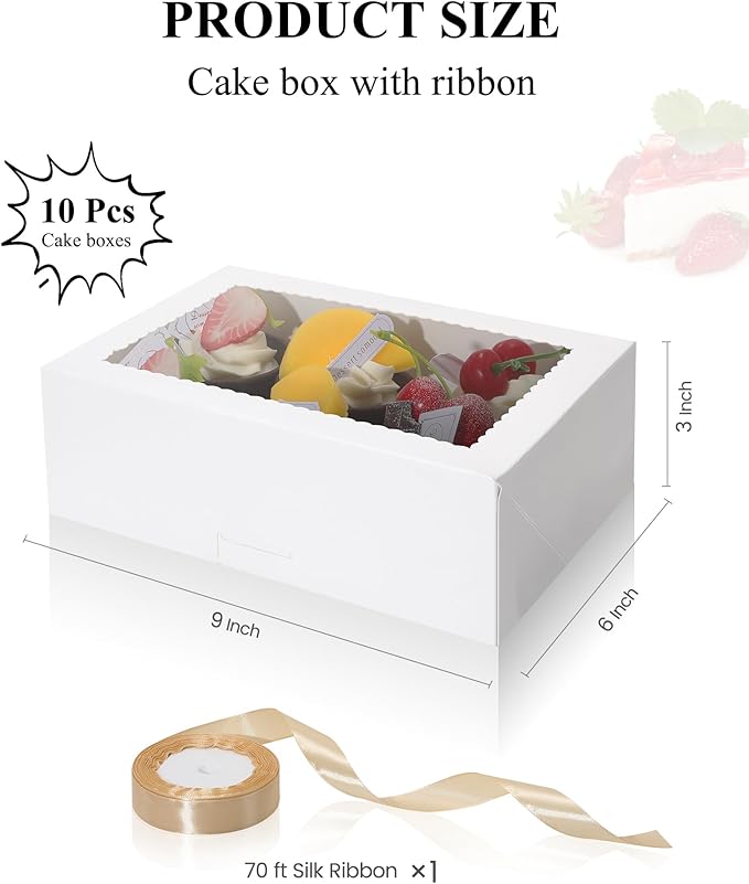 COTOPHER 10Pcs Cookie Boxes with Ribbons, 9x6x3 Inch Bakery Boxes with Window, White Treat Containers for Pastries, Chocolate Covered Strawberries, Dessert, Easter Candy, Muffins, Donuts