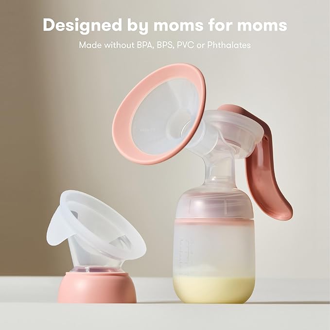 Frida Mom 2-in-1 Manual Breast Pump with Hands-Free Silicone Suction Cup, Milk Collector, Wireless Ergonomic Handle, and SoftFeel Flange for Breastfeeding