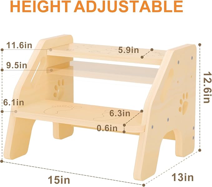 Toddler Step Stool Wooden - Height-Adjustable Kids 2 Step Stool Ladder with Cute Bear Design for Bathroom Sink Toilet Potty Training Kitchen Bedroom