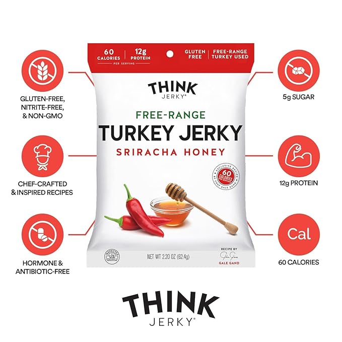 Think Jerky Beef and Turkey Jerky Variety Pack, Original, Sweet Chipotle, Sriracha Honey, Sesame Teriyaki, Healthy Jerky Snack, Healthy Meat Snack, Low Calorie Low Fat - 1.0 oz Bags, 16 Pack