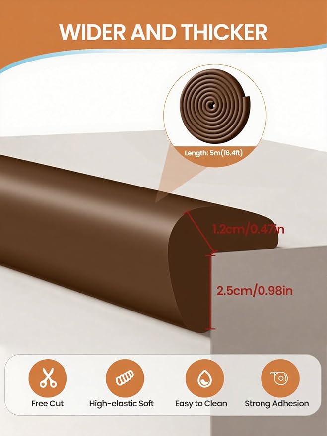 Baby Proof Edge Corner Protector, 16.4FT 0.47''Th L-Shape Furniture Corner & Edge Safety Bumpers with 10 Corners, Pre-Taped, Soft NBR Rubber Foam Desk Edge Cushion Wall Corner Protector (Coffee)