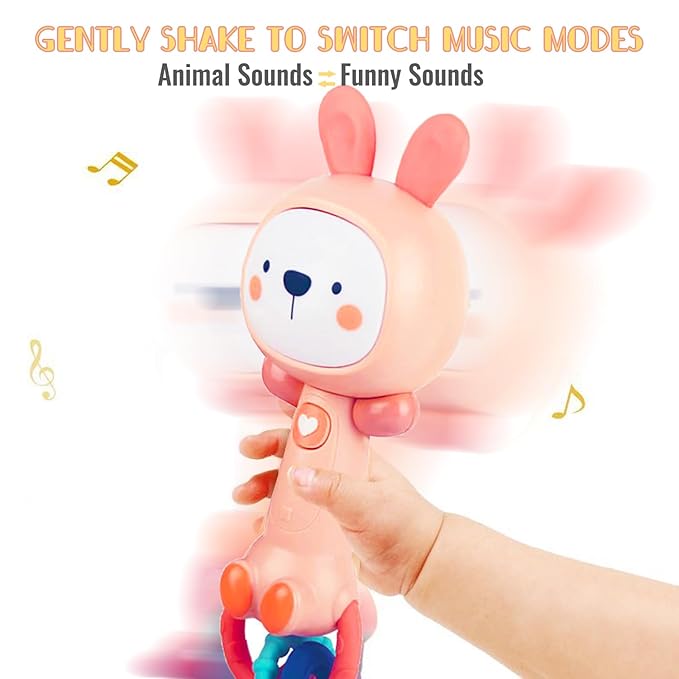 Soft Pink Bunny Baby Musical Rattle Toy - Light-Up Teether & Sensory Chew, BPA-Free Soft Rubber, Baby Shower & 1st Birthday Gift for 6-18 Months 1+ Year Old