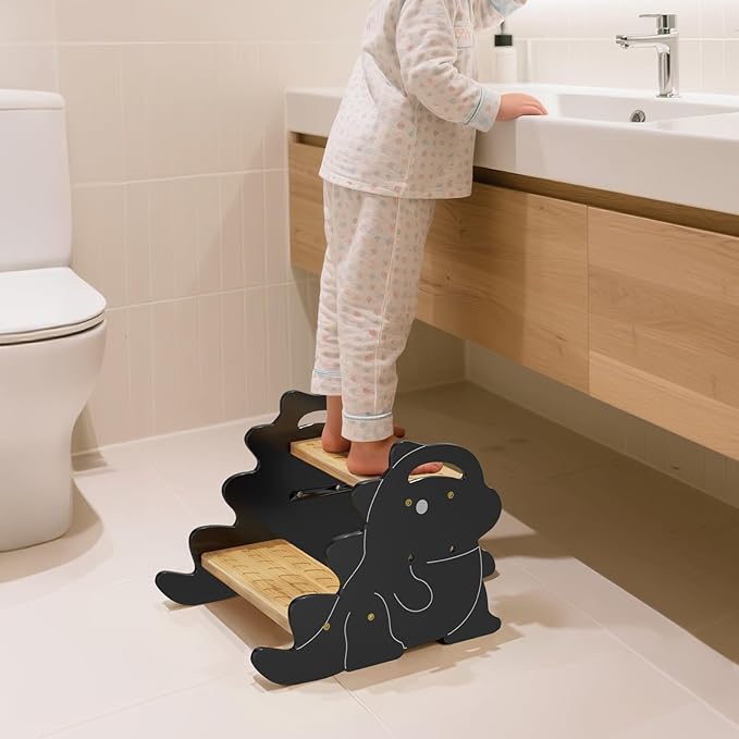 COSYLAND 2 Step Stool for Kids – Height Adjustable Non-Slip Toddler Stepping Stool for Bathroom Sink & Potty Training - Dinosaur Shaped Kids Stool for Kitchen, Bedroom & Home (Natural & Grey)