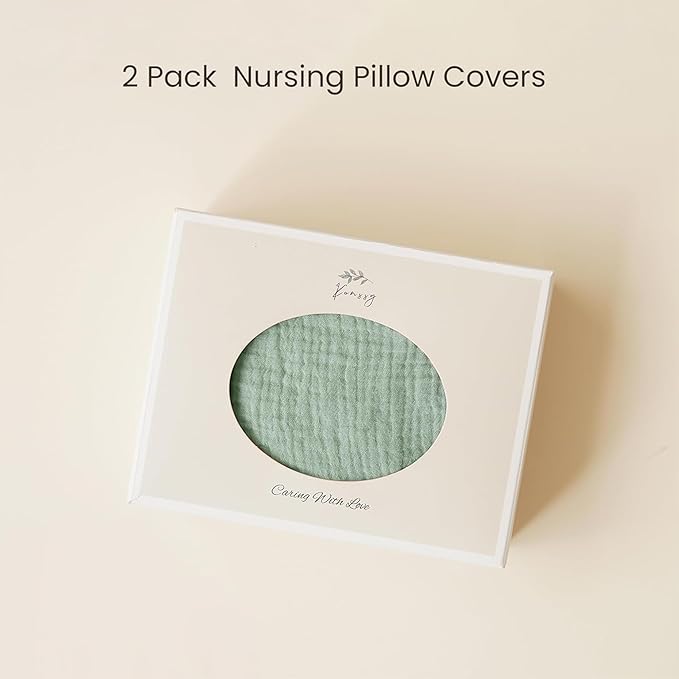 Konssy 2-Pack Muslin Nursing Pillow Covers, Soft & Adorable Nursing Covers for Breastfeeding Pillows, Slipcovers for Newborn Boys & Girls(Cream, Green)