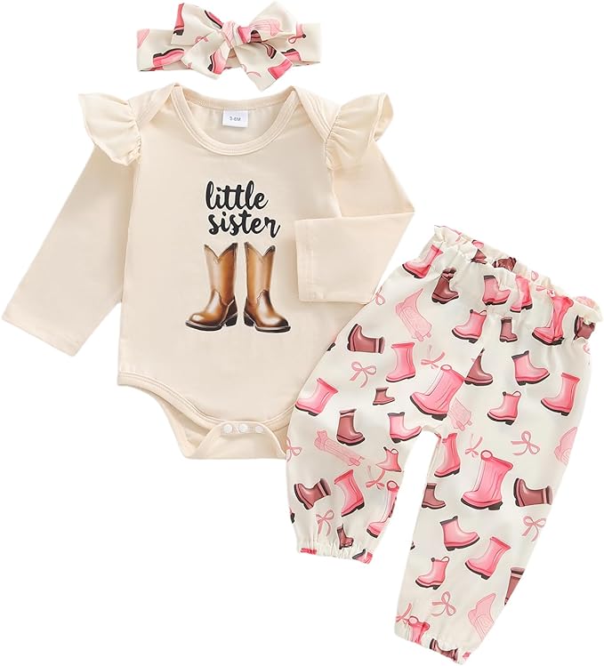 Fernvia Western Newborn Baby Girl Clothes Long Sleeve Letter Print Romper Animal Print Pants Headband 3Pcs Outfits Sets