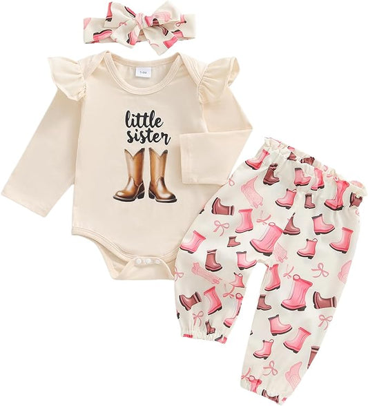 Fernvia Western Newborn Baby Girl Clothes Long Sleeve Letter Print Romper Animal Print Pants Headband 3Pcs Outfits Sets