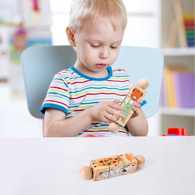 Promise Babe Wooden Animal Puzzle Toy for Toddlers 1-3, Rotating Spin Twist Blocks Set of 2, Learning Educational Montessori Toy Gifts for Kids Boys Girls, Giraffe & Brown Bear