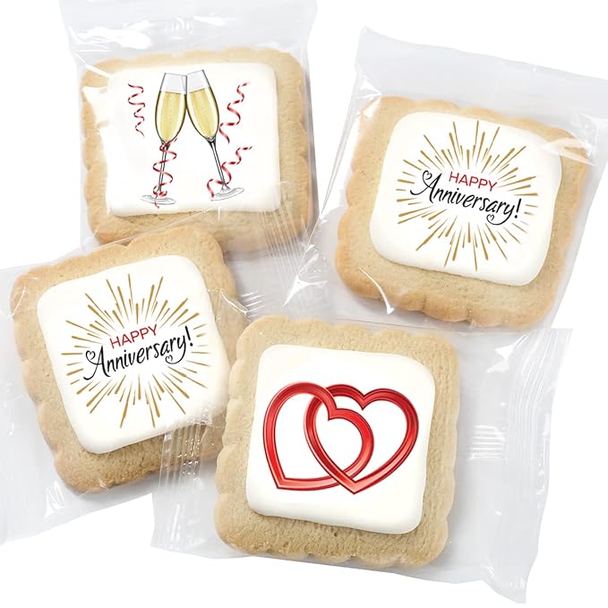 Happy Anniversary Cookies 4 PACK Gift Basket for Kids Men Women | Decorated Sugar Cookie Gift Box | Individually Wrapped Party Favors Nut Free