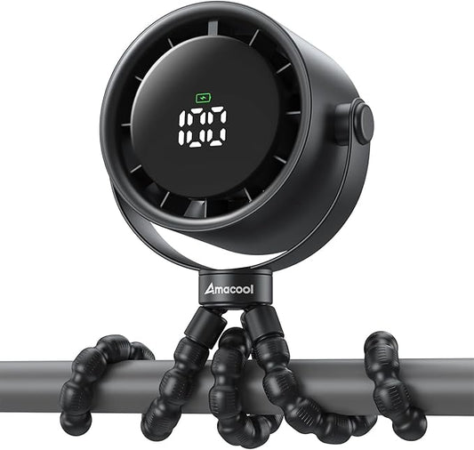 AMACOOL Baby Stroller Fan, Rechargeable Portable Clip on Fan, 17H Cooling with 5 Speeds, LED Display, 360°Rotate Personal Cooling Fans for Car Seat, Crib, Travel, Camping, Gifts for New Parents