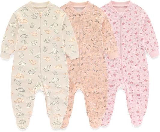 Newborn Baby 2-way Zipper Romper Cotton One-piece Jumsuit 3-pack, 0-24 Months