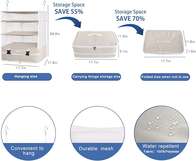 TABITORA Portable Hanging Travel Shelves Bag Packing Cube Organizer Suitcase Storage Large Capacity (Cream white XL)