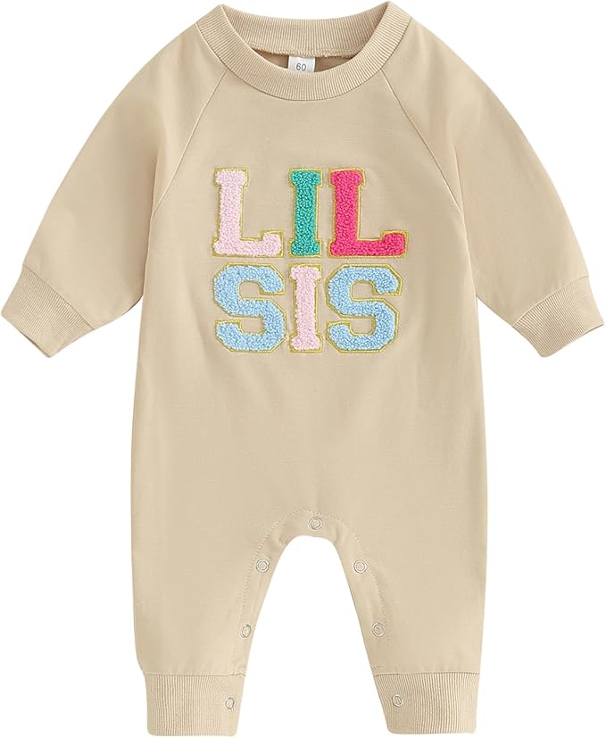 Infant Baby Girl Fall Outfit Sweatshirt Romper Letter Embroidery Jumpsuit Big Lil Sis Matching Newborn Winter Clothes