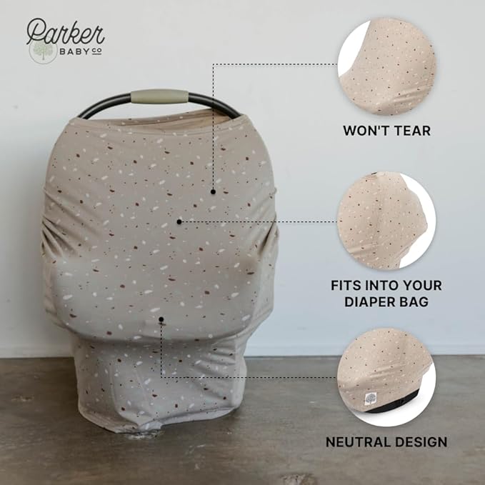 Parker Baby 4 in 1 Car Seat Cover for Girls and Boys - Stretchy Carseat Canopy, Nursing Cover, Grocery Cart Cover, High Chair Cover - “Pebble”