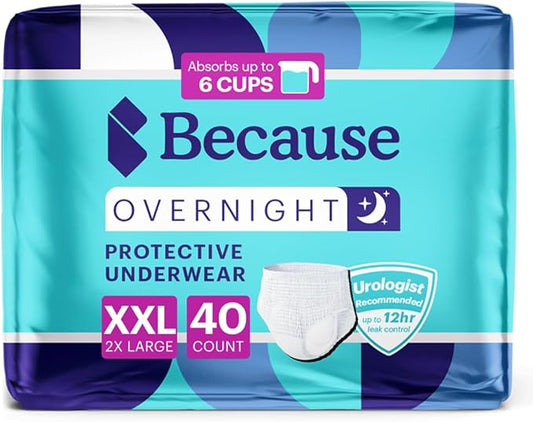 Because Overnight Absorbency Pull Ups - Adult Disposable Incontinence Underwear, Extra Absorbent Nighttime Briefs for Men and Women, White, XXLarge, 40 Count (4 Packs of 10)