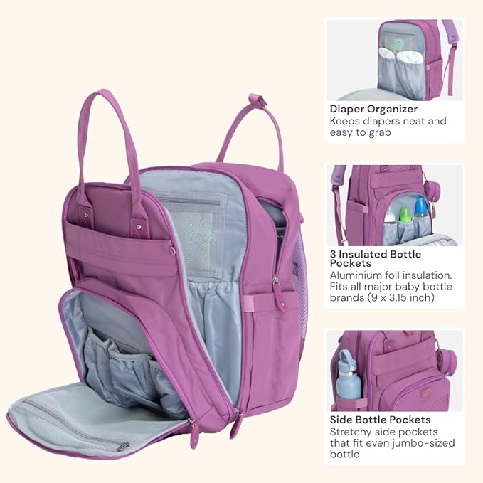 BabbleRoo Diaper Bag Backpack - Baby Essentials Travel Tote - Multi Function Water Resistant Diaper Bag, Travel Essentials Baby Bag with Changing Pad, Stroller Straps & Pacifier Case - Unisex, Purple