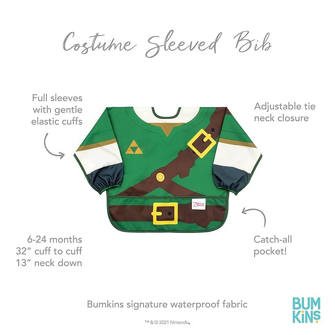 Bumkins Sleeved Bib for Girl or Boy, Baby and Toddler for 6-24 Mos, Essential Must Have for Eating, Feeding, Baby Led Weaning Supplies, Long Sleeve Mess Saving Food Catcher, Nintendo Legend of Zelda