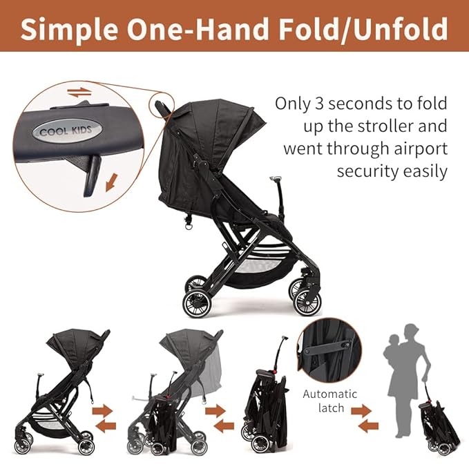 COOL KIDS Portable Stroller with Automatic Fold，Lightweight Umbrella Stroller with Pop Out Sun Canopy，Compact Strollers for Travel(Black)