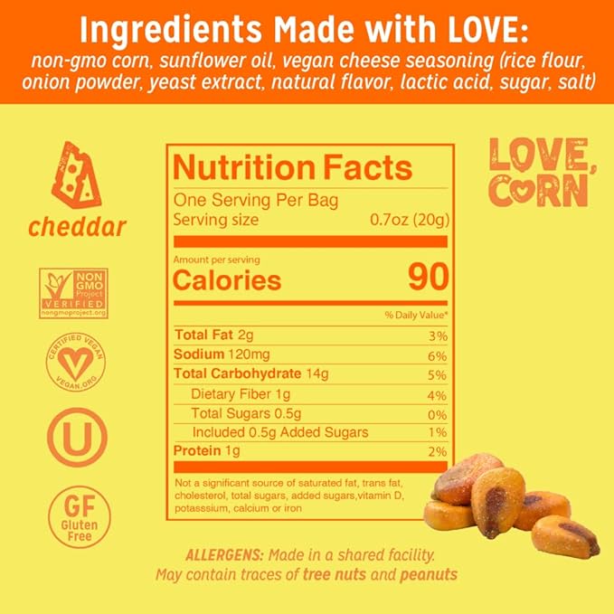 LOVE CORN Cheddar 0.7oz x 20 bags - Delicious Crunchy Corn - Healthy Family Snacks - Gluten Free, Kosher, NON-GMO - Alternative for Chips, Nuts, Crackers & Pretzels - Perfect for Charcuterie Boards