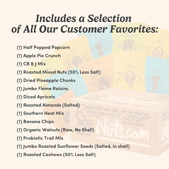 Nuts.com - Nuts and Dried Fruits Snack Box – Gourmet Mix Assortment for Summer and Festive Gifts – Package Includes Mixed Nuts, Dried Apricots & Fruits, Trail Mix, Heat Mix and Apple Pie Crunch