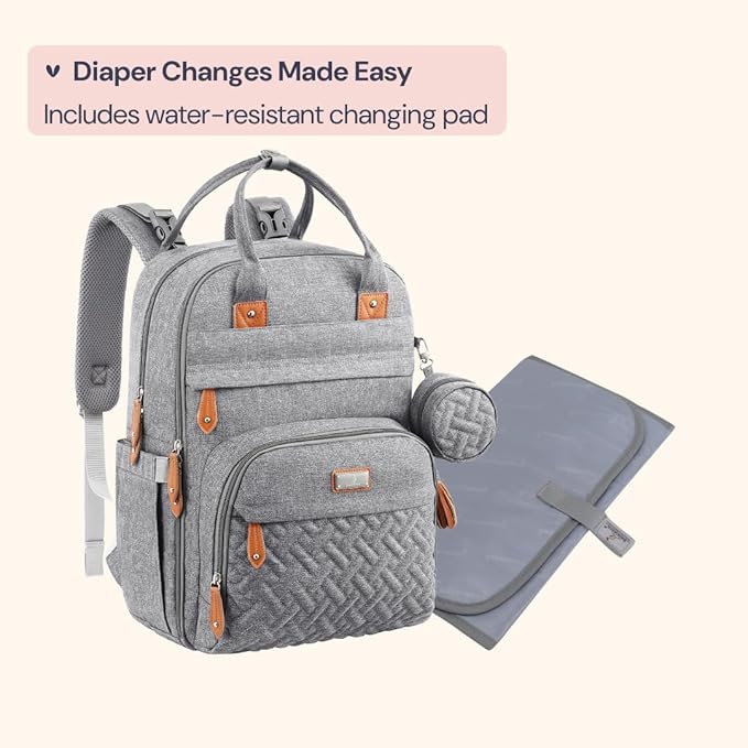 BabbleRoo Diaper Bag Backpack - Baby Essentials Travel Tote - Multi Function Water Resistant Diaper Bag, Travel Essentials Baby Bag with Changing Pad, Stroller Straps & Pacifier Case - Light Gray