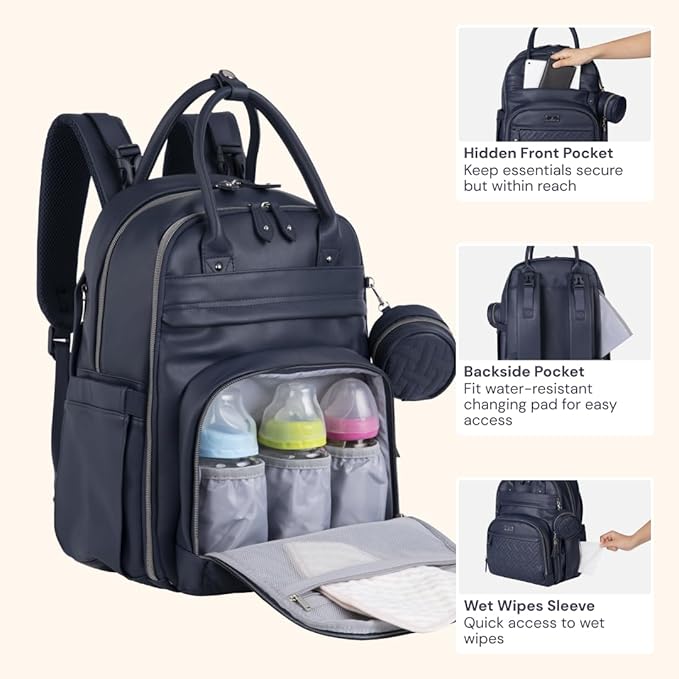 BabbleRoo Leather Diaper Bag Backpack - Baby Essentials Travel Baby Bag, Multi function, with Changing Pad, Stroller Straps & Pacifier Case – Unisex, Midnight Blue