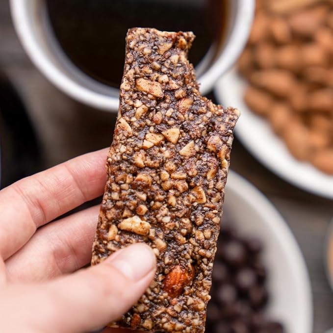 Taos Bakes - Coffee + Dark Chocolate - Breakfast Bar - 8g of Protein, 6g Fiber, & Gluten Free - Healthy Snack for Adults - Filled with PIne Nuts, Almonds, Chocolate, & Chia Seeds - 12 Pack, 1.8oz ea