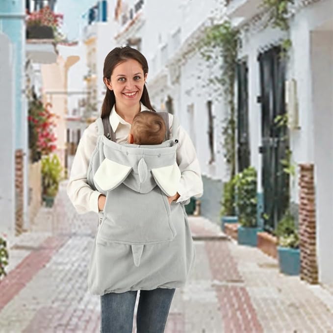 Baby Carrier Cover Stroller Cover -Newborn Hooded Stretchy Cloak Reversible,Cloak Kangaroo Hoodie Baby, Suit for All Seasons-Gray