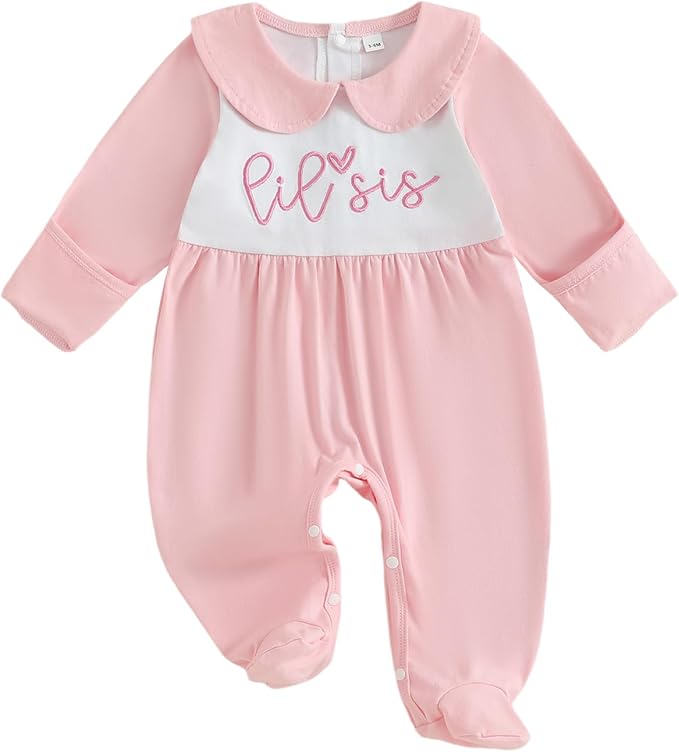 Newborn Baby Girl Footed Romper Onesie Little Sister Embroidery Fall Clothes Coming Home Outfit Vintage Jumpsuit