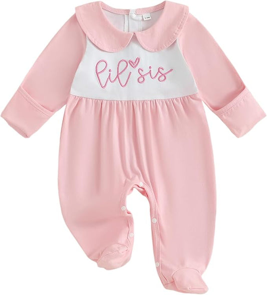 Newborn Baby Girl Footed Romper Onesie Little Sister Embroidery Fall Clothes Coming Home Outfit Vintage Jumpsuit