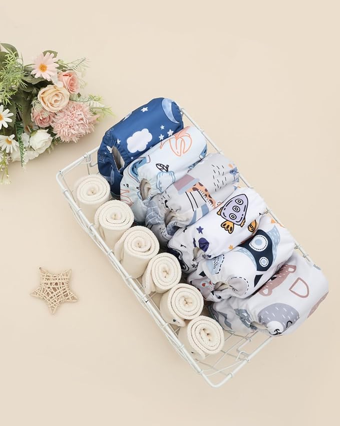 ALVABABY Baby Cloth Diapers 6 Pack with 12 Inserts Cloth Diaper Covers Adjustable Washable Reusable for Baby Girls and Boys 6DM118A