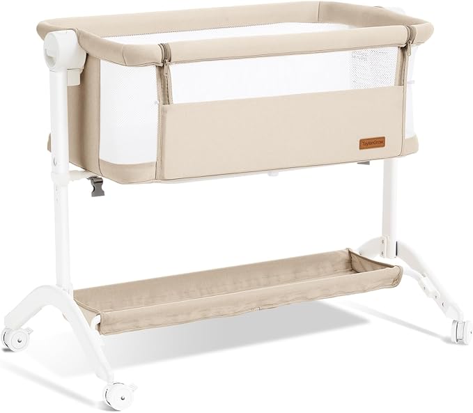 Bassinet Bedside Sleeper - All-Mesh Design, Portable Bedside Bassinet for Baby with Washable Mattress, 5 Adjustable Heights（Beige）