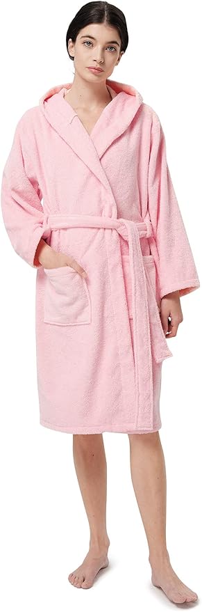 SIORO Womens Hooded Terry Cloth Robe, Cotton Absorbent Knee-Length Bathrobe, Housecoat with Pockets for Spa & Shower