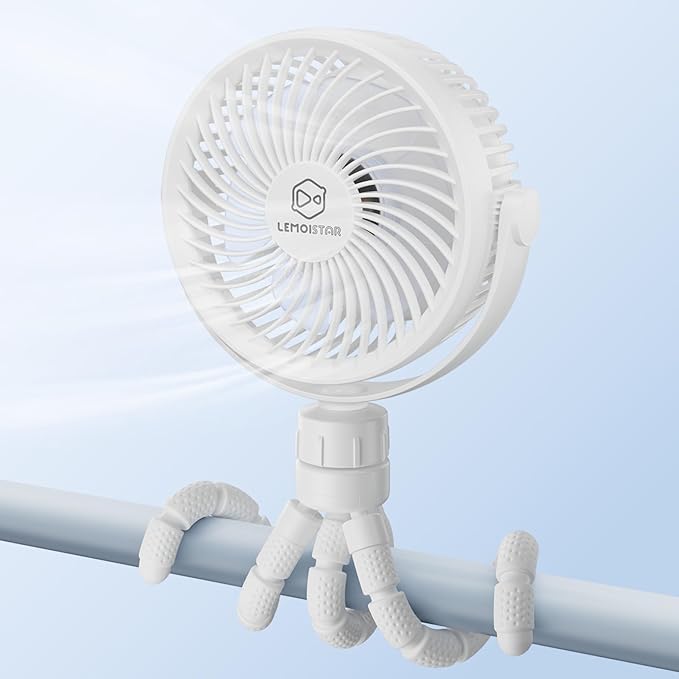 Small Battery Operated Clip-on Versatile Fan with Flexible Tripod, 5000 mAh Portable Stroller Fan, Rechargeable Desk Fans, 4 Speeds, Max 26 hours, USB Powered,360°Rotation, for Car, Camping Outage