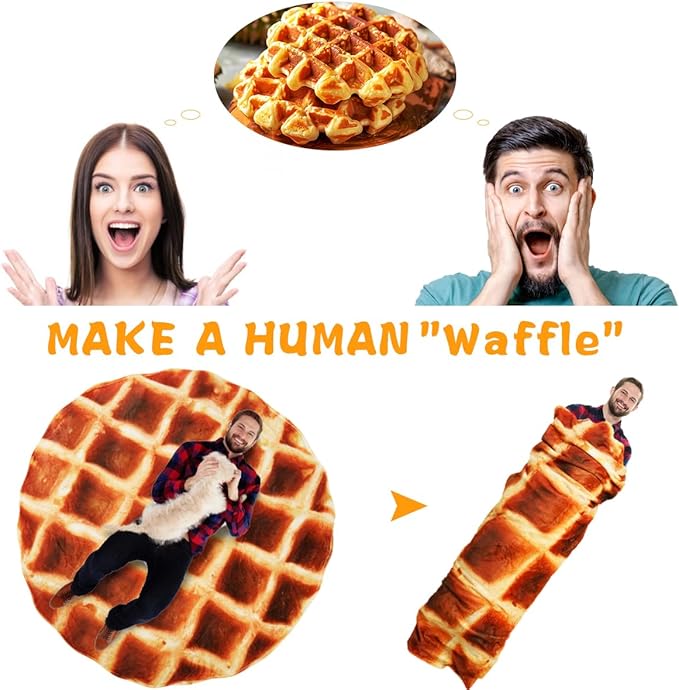 Waffle Blanket for Teen Kids, 60 inch Food Blanket for Funny Gifts, Round Throw Blanket, Warm Soft Flannel Funny for Bed/Office/Travel