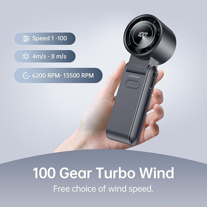 3-in-1 Portable Handheld Turbo Fan-100 Speeds, 13500 RPM, 12Hrs Cooling, Digital Display, 120° Rotation, USB Rechargeable Mini Hand Held Personal Fan for Travel, Makeup, Outdoor, Indoor (Black)