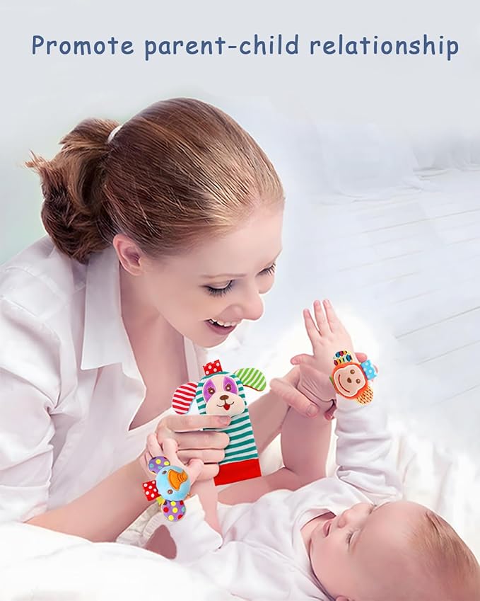 BLOOBLOOMAX Baby Soft Hanging and Wrist Rattle Toy, Car Seat Stroller Toys with Plush Animal C-Clip Ring for Infant Babies Boys and Girls 3 to 12 Months (12PCS-G)