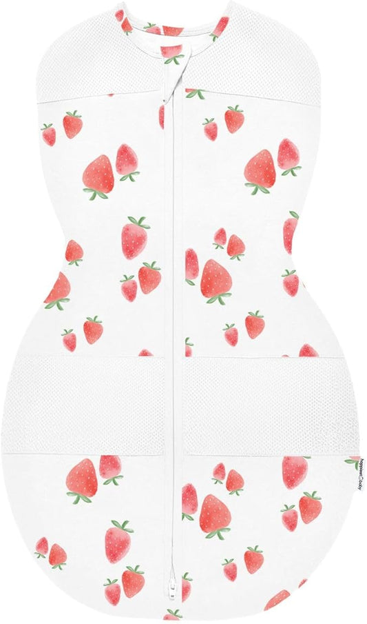 Happiest Baby Sleepea 5-Second Swaddle - 100% Organic Cotton Baby Swaddle Blanket - Doctor Designed Promotes Healthy Hip Development (Ivory Strawberries, Large)