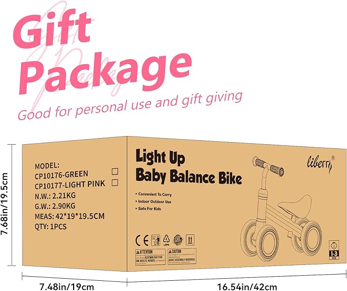 Liberry Light Up Baby Balance Bike 1 2 Years, Ride Toys with Adustable Seat for Girls, First Birthday Gift for Toddlers, Pink