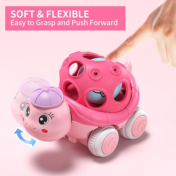 Baby Girl Toy Cars for Toddlers 1-3, Push and Go Rattle Cars for Baby Toy 6-9-12-18 Months, First Birthday Gifts for 1 2 Year Old Girls, Infant Pink Friction Truck Set